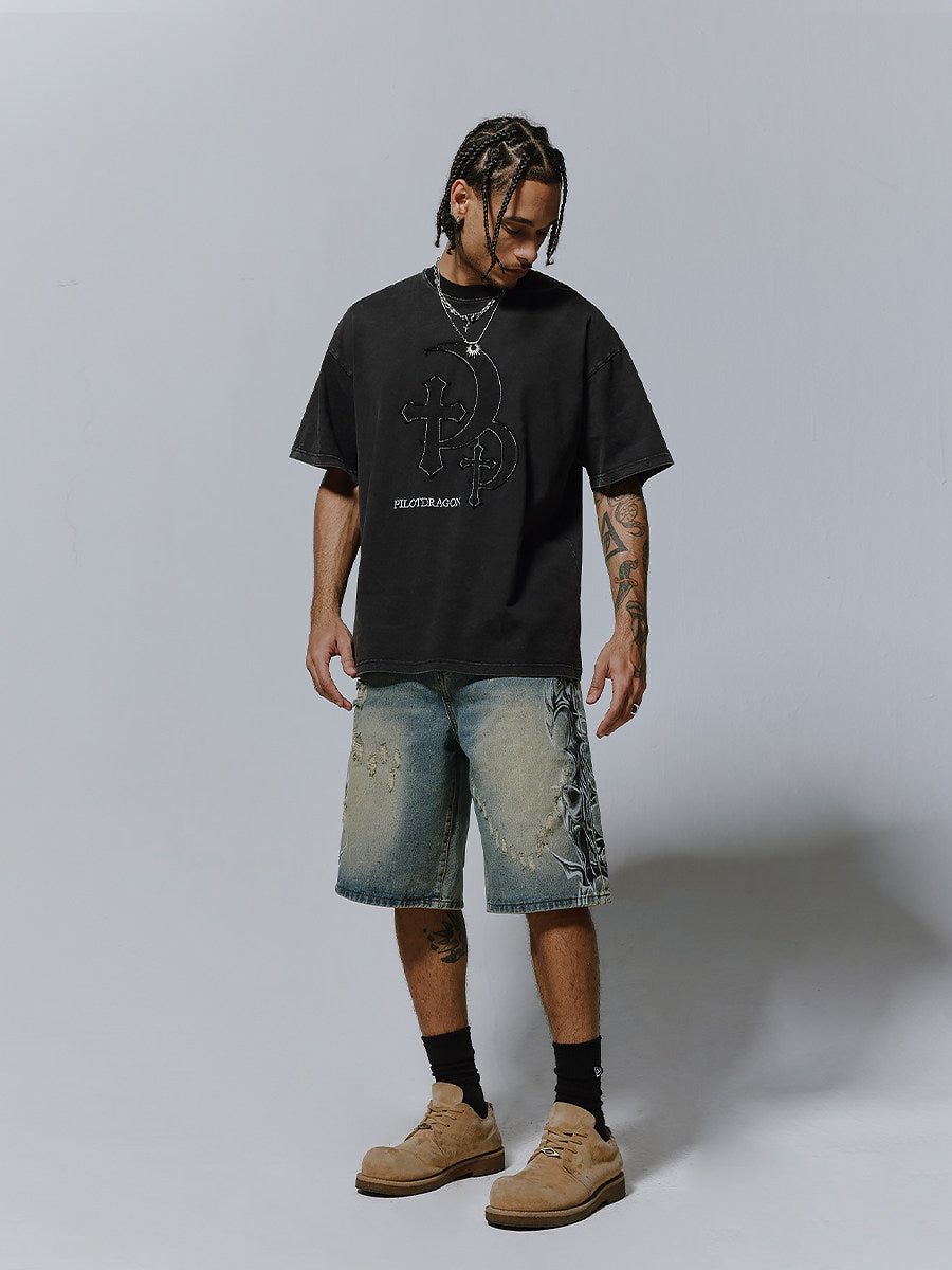Distressed Spray-Print Denim Jorts