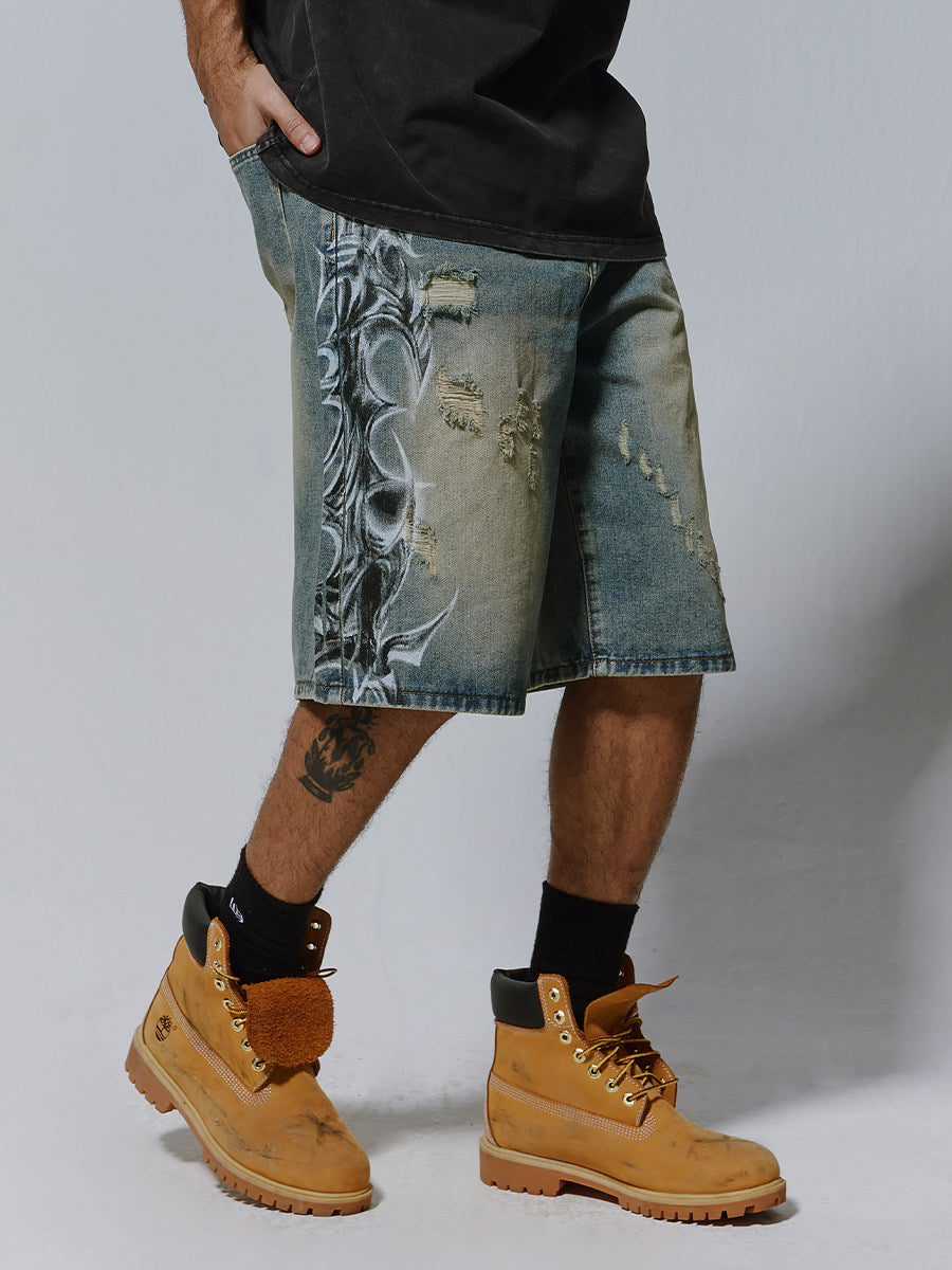 Distressed Spray-Print Denim Jorts