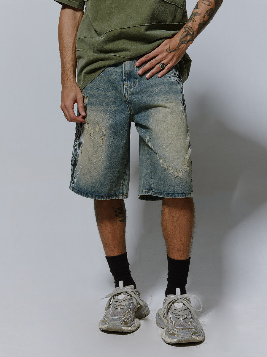 Distressed Spray-Print Denim Jorts