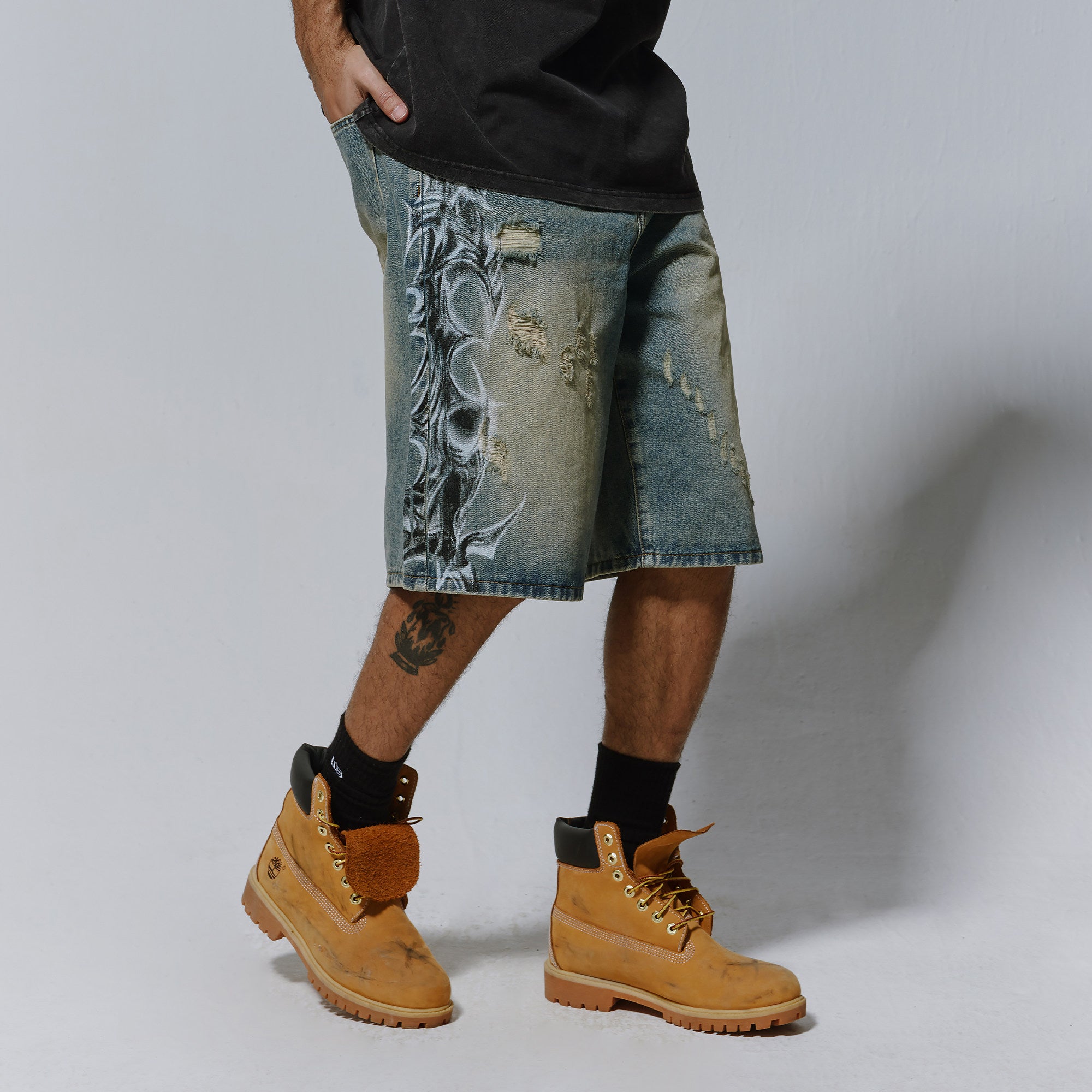 Distressed Spray-Print Denim Jorts