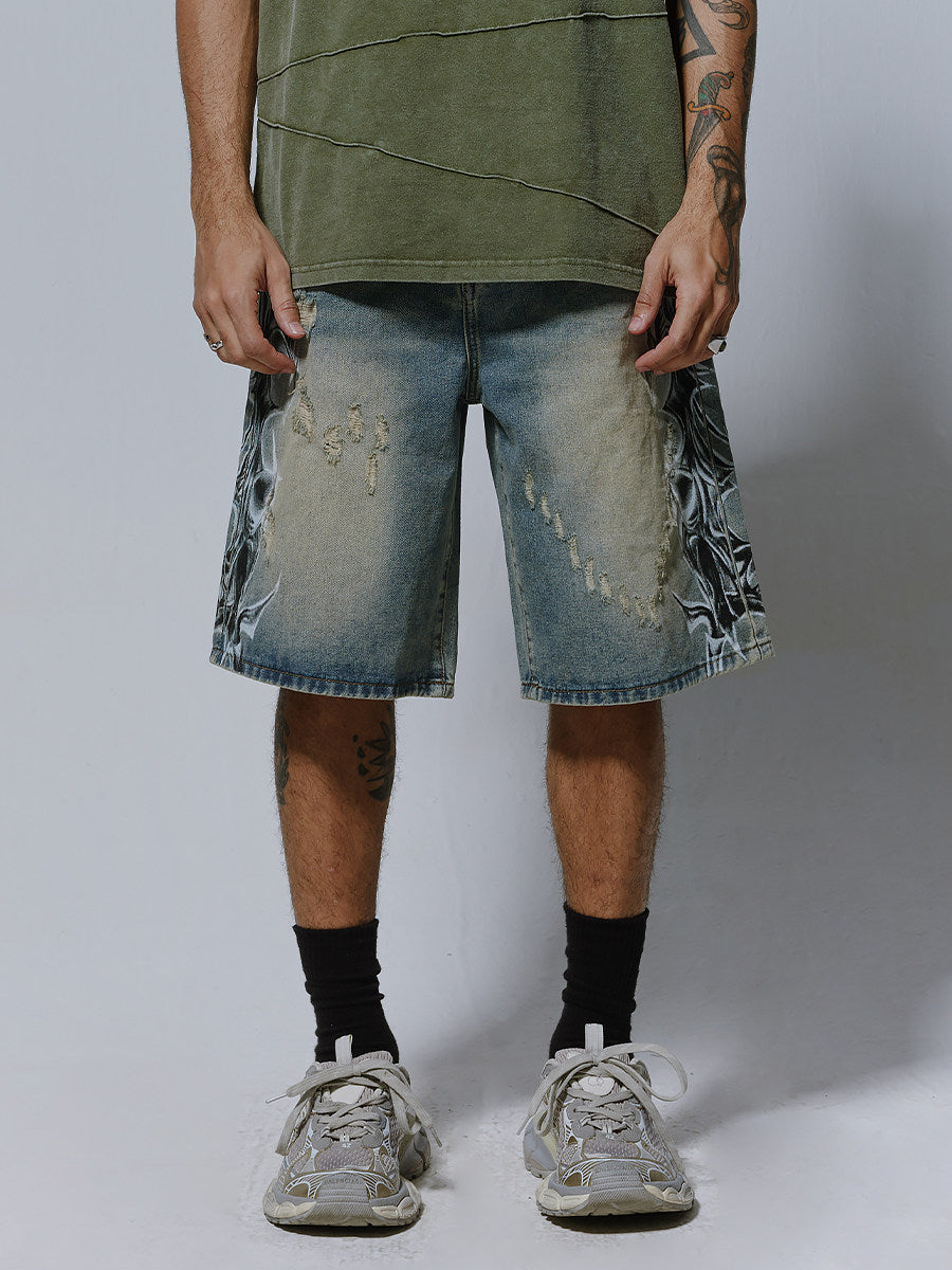 Distressed Spray-Print Denim Jorts