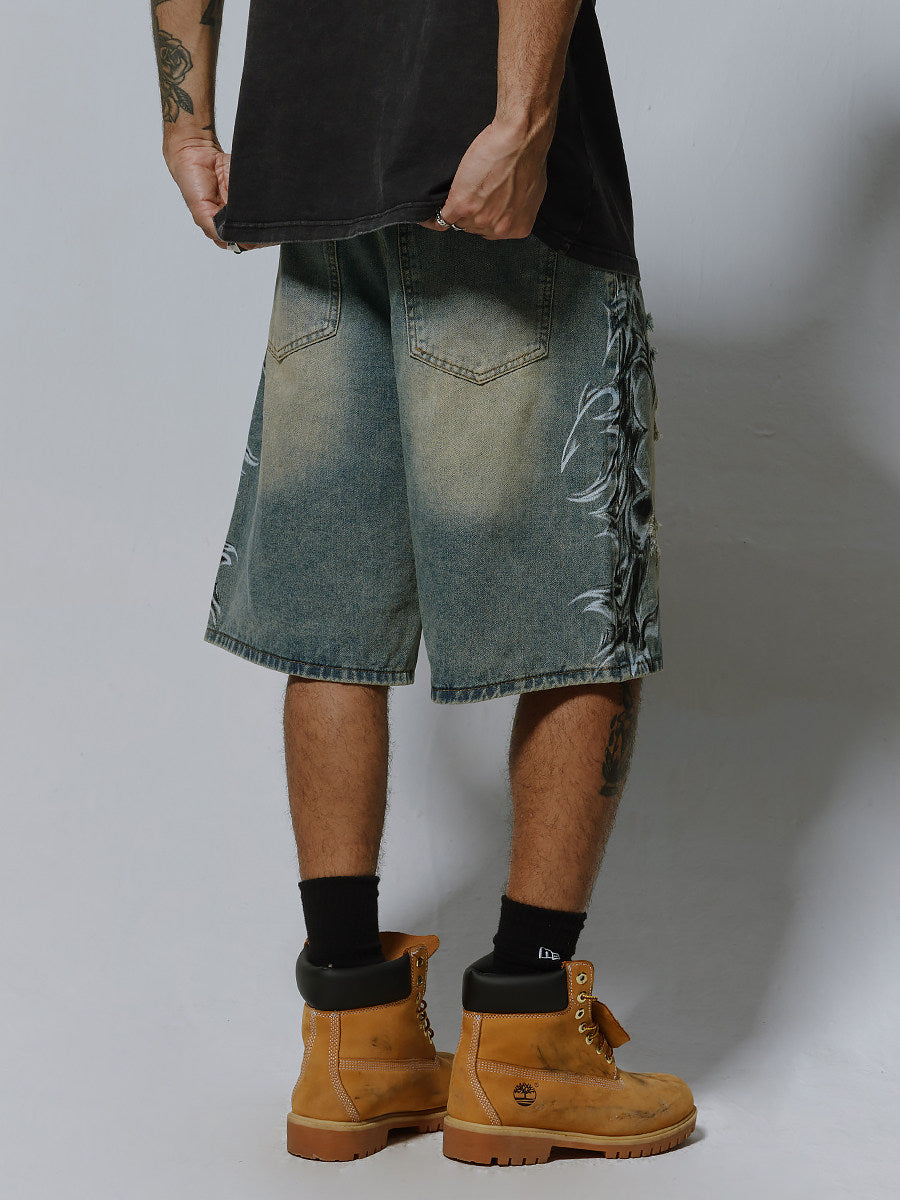 Distressed Spray-Print Denim Jorts